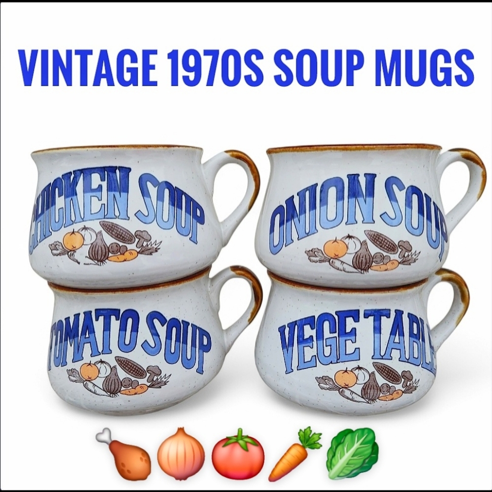 SET OF 4 Vintage 1970s Stoneware Soup Mugs CHICKEN - ONION - TOMATO - VE…